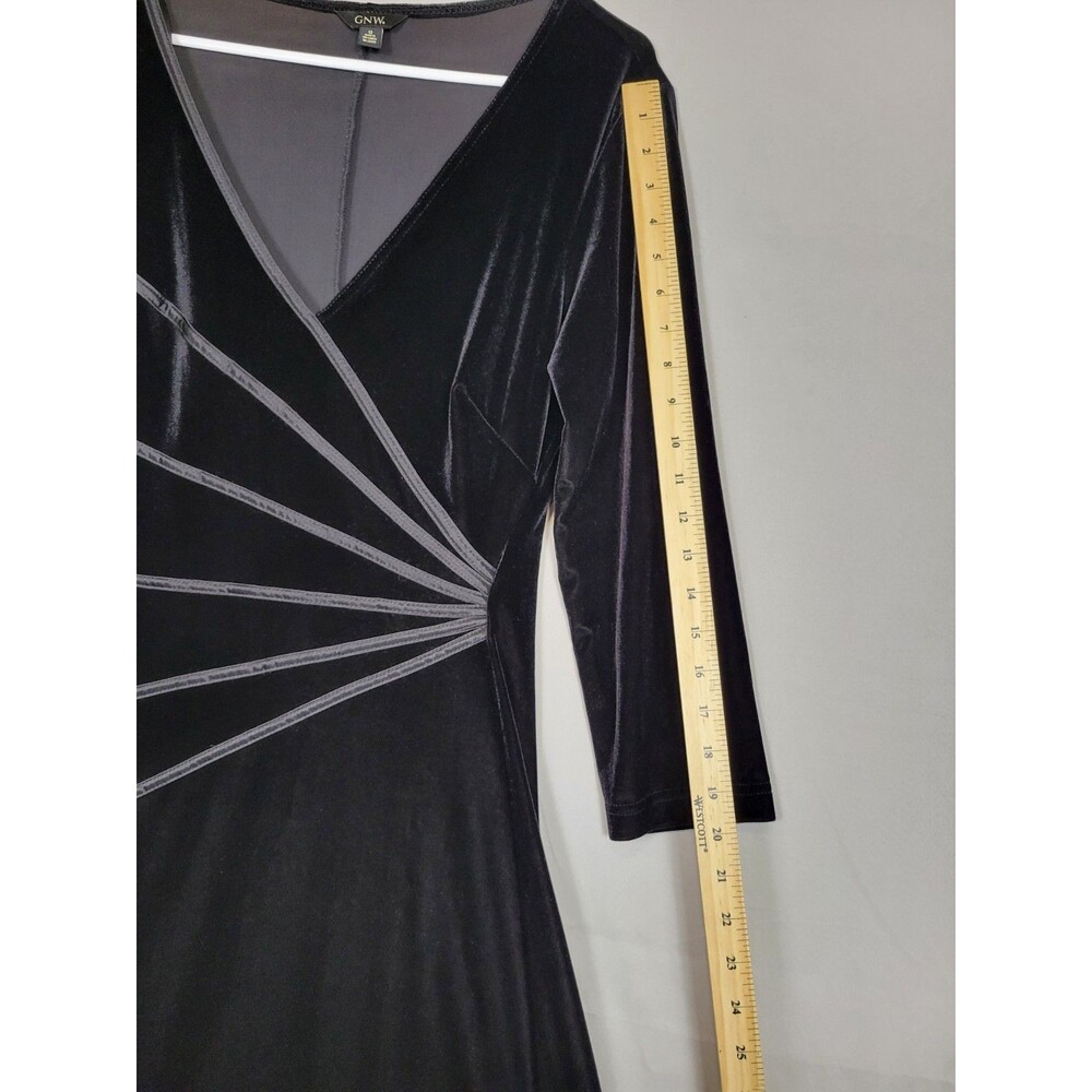 GNW Black Velvet Midi Dress Womens 12 Whimsigoth Witchy 3/4 Sleeve V-neck - Picture 10 of 12
